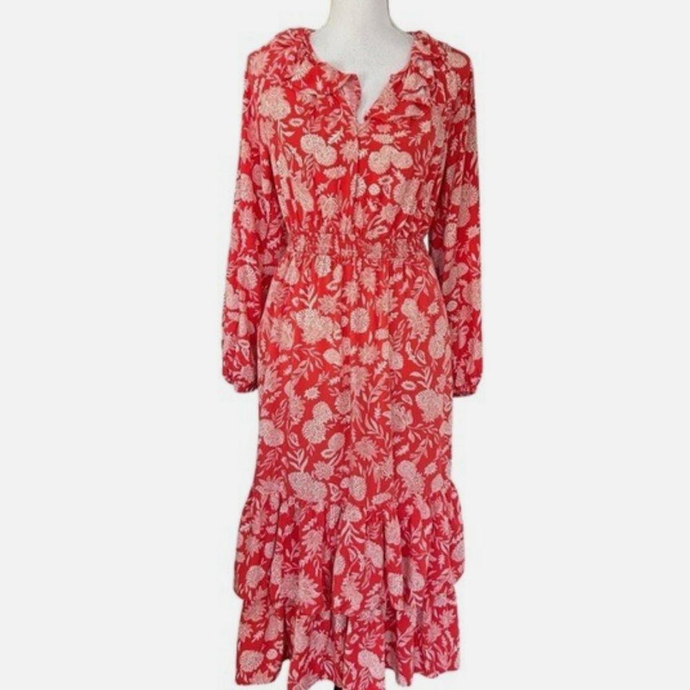 Women's Floral Print Balloon Long Sleeve Ruffle Collar Dress Size Small
